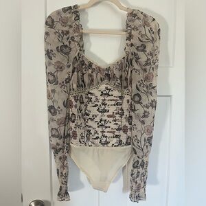 Free People Brunch Date Floral Long Sleeve Body Suit Size XS